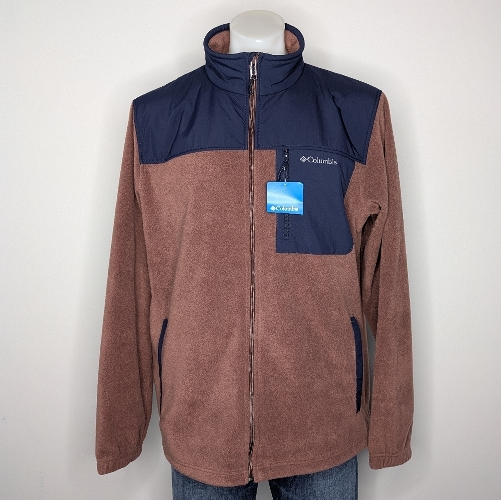 NWT Columbia Blue Red Granite Mountain Solid Overlay Fleece Zip Up Jacket L